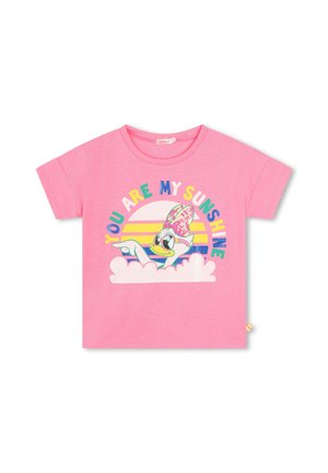T-shirt en coton rose à manches courtes avec un graphique coloré d'un canard de dessin animé, le texte "TU ES MON SOLEIL" et un design arc-en-ciel.