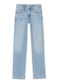 Jeans rectos de color azul claro con bolsillos delanteros y traseros, pasadores para cinturón y cierre de botón.