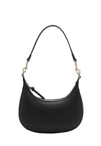 Borsa a spalla nera in pelle con forma curvata, dettagli in metallo dorato e una singola tracolla regolabile, caratterizzata da una texture liscia e un design minimale.