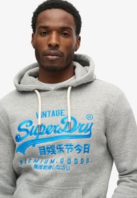 Hoodie in cotone grigio con coulisse, caratterizzato da un logo grafico blu e testo. Include una tasca frontale e polsini a coste. Texture morbida.