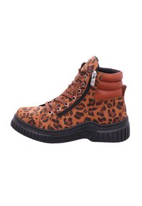 Leopard print ankle boots in brown and black leather with lace-up front and side zipper, featuring a thick black rubber sole.