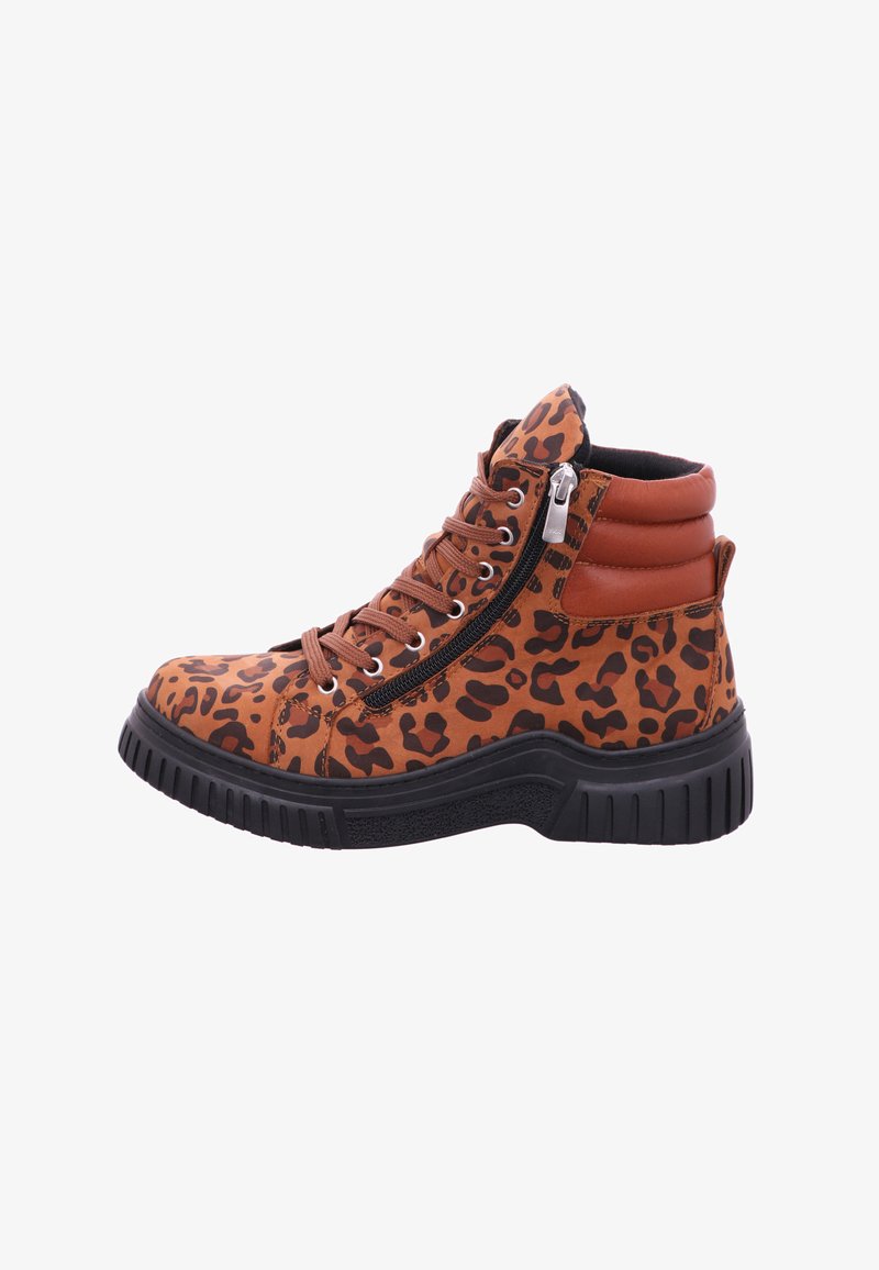 Leopard print ankle boots in brown and black leather with lace-up front and side zipper, featuring a thick black rubber sole.