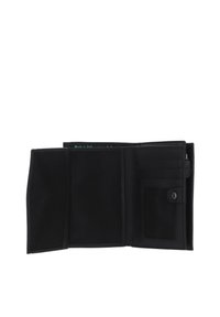 Portafoglio nero aperto, con un esterno in pelle liscia, molteplici slot per carte e una tasca con zip. Interno foderato in tessuto strutturato.