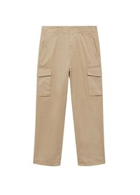 Beige Cargo-Hosen aus Baumwolle mit geradem Bein, ausgestattet mit zwei seitlichen Taschen und zwei Cargo-Taschen, glatter Textur und genähten Nähten.