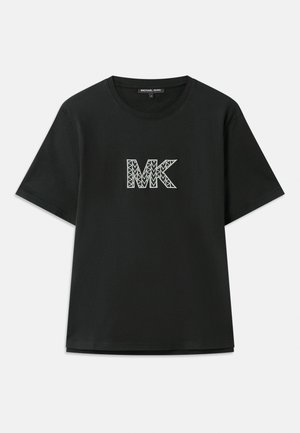 Mustakarva T-särk lühikeste varrukatega, millel on geomeetriline "MK" logo valge ja halli värviga. Ümar kaelus ja mugav lõige.