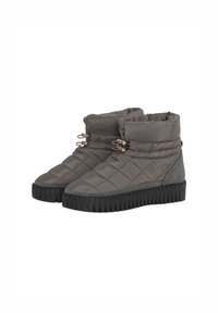 Botas grises acolchadas con un alto puño, suela de goma y acentos metálicos. Presentan un acabado texturizado y un diseño de punta redondeada.