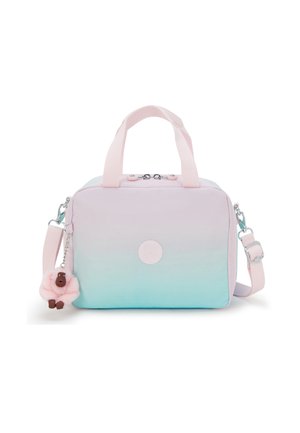 Lightweight rectangular bag with an ombre design in pastel pink and blue. Features a side strap and a fluffy animal keychain attachment.