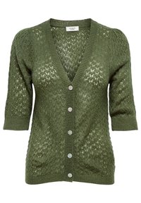 Oliwkowy sweter z dzianiny, z dekoltem w serek, 3/4 rękawami i zapięciem na guziki. Posiada wzór ażurowy oraz prążkowane mankiety i dół.