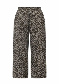 Leopardprint wijde broek in bruin en zwart. Elastische tailleband met twee zijzakken. Zachte, gestructureerde stof.