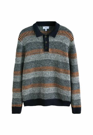 Strickpullover mit Kragen, der horizontale Streifen in Marineblau, Grau und Braun aufweist. Vier Knöpfe auf der Vorderseite; strukturiertes Material.