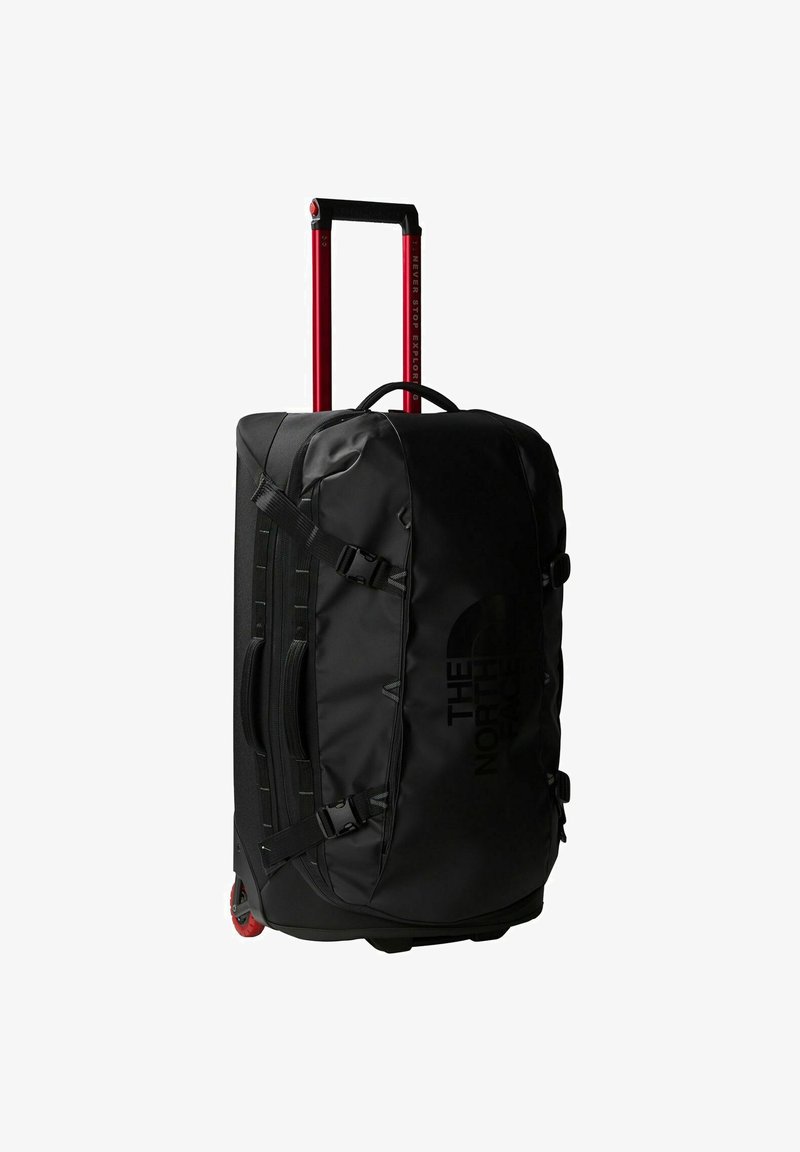 Geantă de voiaj cu roti, din material negru cu finisaj mat. Dispune de un mâner telescopic roșu, două mânere laterale și multiple curele de compresie.