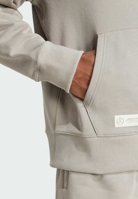 Ljusgrå sweatshirt i mjukt tyg, med en framficka, ribbade muddar och en emblemetikett nertill.
