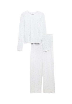Weißes langärmliges Pyjama-Set mit kleinem grünem Blumenmuster, rundem Ausschnitt und weit geschnittenen Hosen vor einfarbigem Hintergrund.
