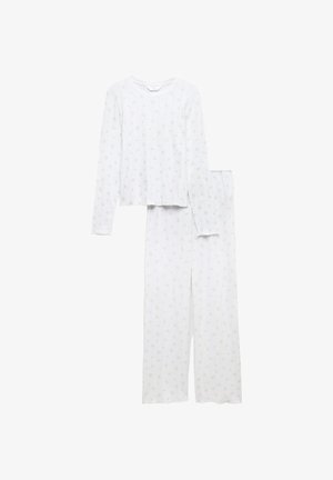 Weißes langärmliges Pyjama-Set mit kleinem grünem Blumenmuster, rundem Ausschnitt und weit geschnittenen Hosen vor einfarbigem Hintergrund.