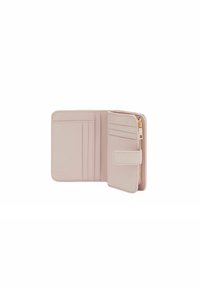 Světle růžová kožená peněženka s více sloty na karty, zipovou kapsou a zacvakávacím uzávěrem. Hladká textura a minimalistický design.