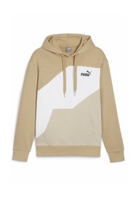 Beżowa bluza z kapturem z białym i jasobeżowym ukośnym wzorem, kieszenią kangurkową i sznurkiem ściągającym. Posiada czarne logo Puma.