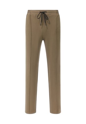 Bruine, lichte joggerbroeken met een elastische tailleband en trekkoord, met zijschoenen en een recht gesneden ontwerp.
