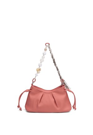 Small pink leather handbag with pleats, decorative beaded strap on one side, and braided chain strap on the other side.