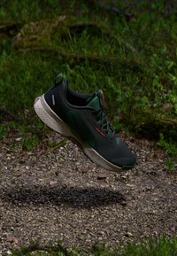 Chaussure de sport noire et verte avec un matériau texturé, une semelle rembourrée et des accents réfléchissants, positionnée au-dessus d'une surface naturelle.