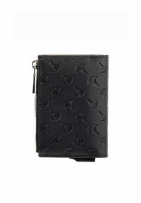 Portafoglio in pelle nera con motivo di uccelli in rilievo, chiusura zip su un lato e linguetta laterale. Forma rettangolare compatta, texture morbida.