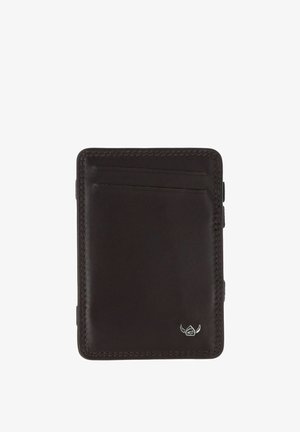 Porte-cartes en cuir brun foncé avec deux emplacements pour cartes en haut et petit logo argenté de style viking en bas à droite.