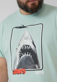 Mintgroene katoenen t-shirt met een grote afbeelding van de open mond van een haai, met "JAWS" in het rood en "1975" in het wit onder de afbeelding.