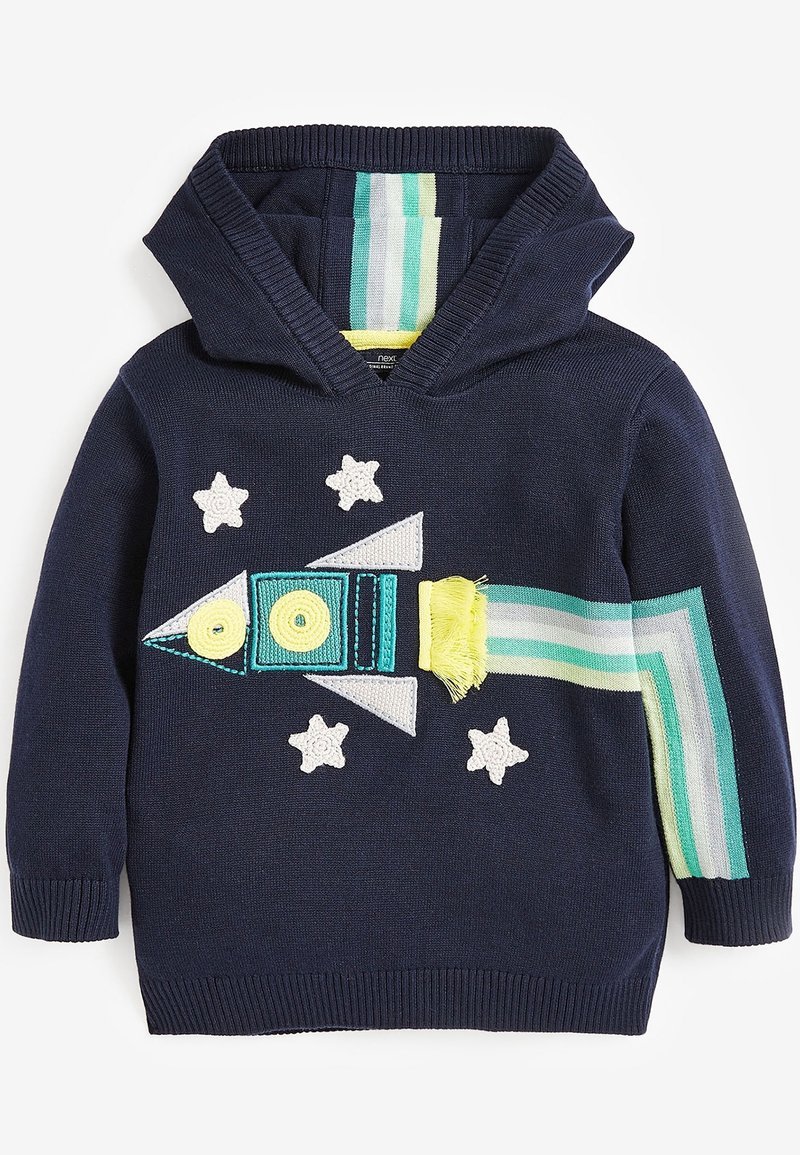 Sweat à capuche enfant bleu marine avec motif fusée et étoiles, queue rayée multicolore sur la manche et doublure de la capuche.