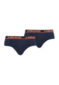 Herrenunterwäsche in Navyblau mit einem schwarzen Bund, der mit orangefarbenem "HEAD"-Branding verziert ist. Das Material wirkt glatt und hat ein dehnbares Design.