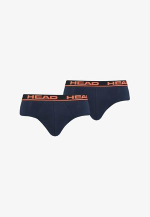 Herenboxershorts in marineblauw met een zwarte tailleband die oranje "HEAD" branding toont. Het materiaal lijkt soepel met een rekbaar ontwerp.