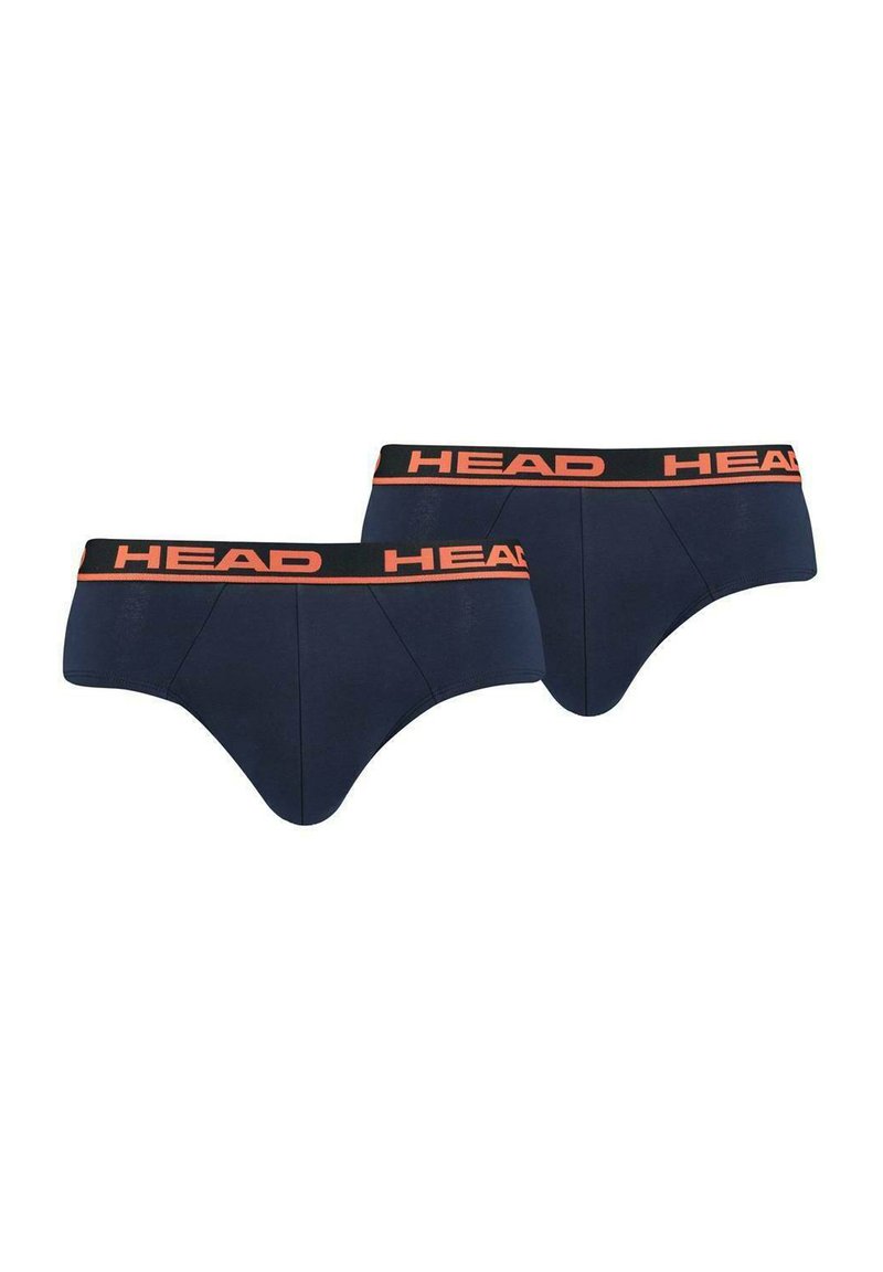 Herrenunterwäsche in Navyblau mit einem schwarzen Bund, der mit orangefarbenem "HEAD"-Branding verziert ist. Das Material wirkt glatt und hat ein dehnbares Design.