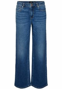 Jeans de mezclilla de pierna ancha en azul oscuro, con un diseño clásico de cinco bolsillos, cierre de botón y dobladillo recto. Textura suave con un ligero desgastado.