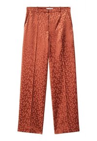 Pantalons larges de couleur rouille en tissu texturé avec un motif à pois, passants de ceinture et plis avant pour un look ajusté.