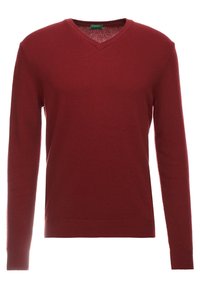 Herrtröja med lång ärm och V-ringning i solid mörkröd färg, tillverkad av mjukt stickat material, med ribbad mudd och nederkant.