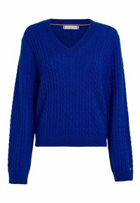Pull bleu en maille torsadée avec col en V, manches longues et poignets côtelés. Confectionné dans un matériau texturé avec une silhouette ajustée.