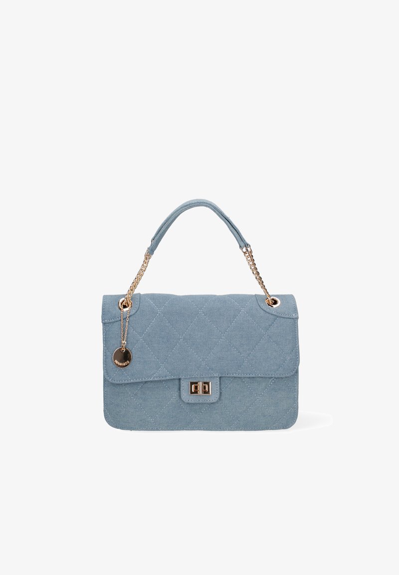 Borsa a tracolla in tessuto trapuntato blu con manico in catena dorata, pattina pieghevole e chiusura rettangolare. Presenta un dettaglio in metallo a forma di charm.