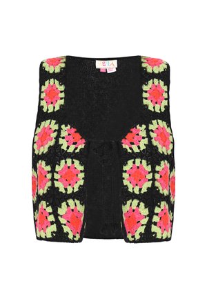 Mustakrookattu liivi, jossa on kirkkaan vaaleanpunaisia, vihreitä ja mustia kukkakuoseja, etuosassa nauhakiinnitys ja teksturoitu pinta.