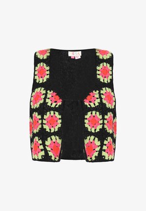 Mustakrookattu liivi, jossa on kirkkaan vaaleanpunaisia, vihreitä ja mustia kukkakuoseja, etuosassa nauhakiinnitys ja teksturoitu pinta.