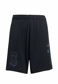 Crne atletske kratke hlače napravljene od lagane tkanine, s elastičnom trakom u struku i sivi pikselizirani dizajn na lijevoj nozi.