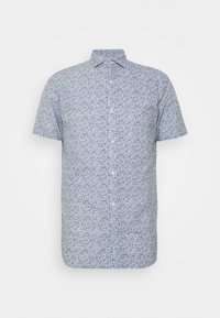 Kortärmad skjorta med knappar i ljusblått med blommönster. Har en krage och ett strukturerat tyg som erbjuder ett lekfullt mönster.