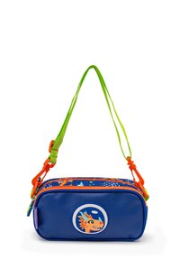 Blaues rechteckiges Kinder-Umhängetasche mit orangefarbenem Reißverschluss, grünem verstellbarem Trageriemen und einem Cartoon-Dinosauriergesicht auf der Vordertasche.