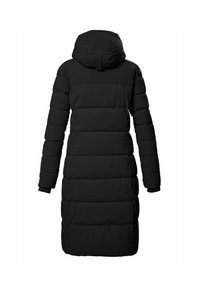 Schwarze Daunenjacke mit Kapuze, ausgestattet mit einem gesteppte Design, langen Ärmeln und einem mittellangen Schnitt. Glatte Textur und elastische Bündchen.