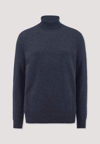 Dunkelblauer Rollkragenpullover aus weichem Material, mit langen Ärmeln, gerippten Bündchen und einem gerippten Halsausschnitt. Einfaches und minimalistisches Design.
