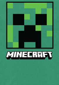 Zielona koszulka z pixelowanym wzorem twarzy Creepera w różnych odcieniach zieleni i czerni, z wyraźnym napisem "MINECRAFT" na białym tle poniżej.