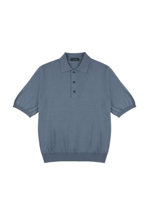 Polo de manga corta en azul claro, hecho de tejido de punto suave. Presenta una tapeta de tres botones y puños y dobladillo de canalé.