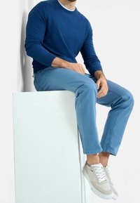 Modrý svetr s pletenými manžetami, světlemodré tričko pod ním a světlemodré kalhoty. Obuv tvoří bílo-bežové tenisky se šněrováním. Sedí na bílém podstavci.