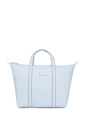 Borsa tote in pelle azzurro chiaro con due manici, cuciture grigio chiaro, chiusura con zip e design minimalista. Logo sottile sul pannello frontale.