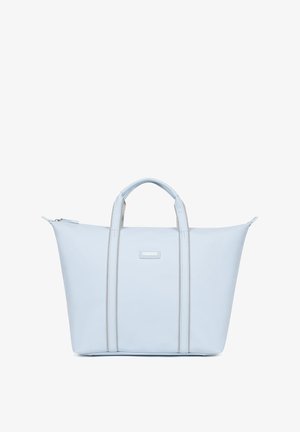 Borsa tote in pelle azzurro chiaro con due manici, cuciture grigio chiaro, chiusura con zip e design minimalista. Logo sottile sul pannello frontale.