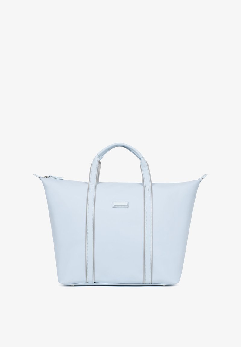 Lichtblauwe leren handtas met twee handvatten, lichtgrijze stiksels, ritssluiting en minimalistisch ontwerp. Subtiel logo op het voorpaneel.