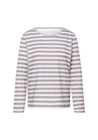 Langärmliges Shirt in Hellrosa mit grauen horizontalen Streifen. Verfügt über einen runden Ausschnitt, weichen Stoff und eine lockere Passform.