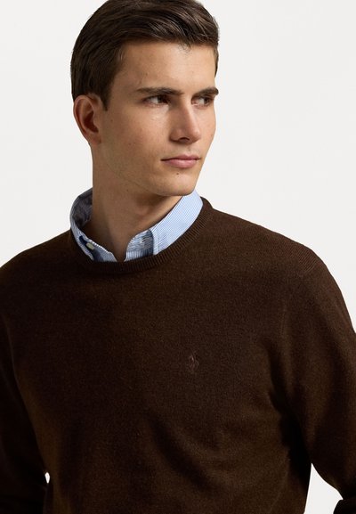 Suéter marrón de cuello redondo hecho de tejido texturizado, superpuesto a una camisa de rayas azul claro con cuello abotonado. Detalle sutil del logotipo.